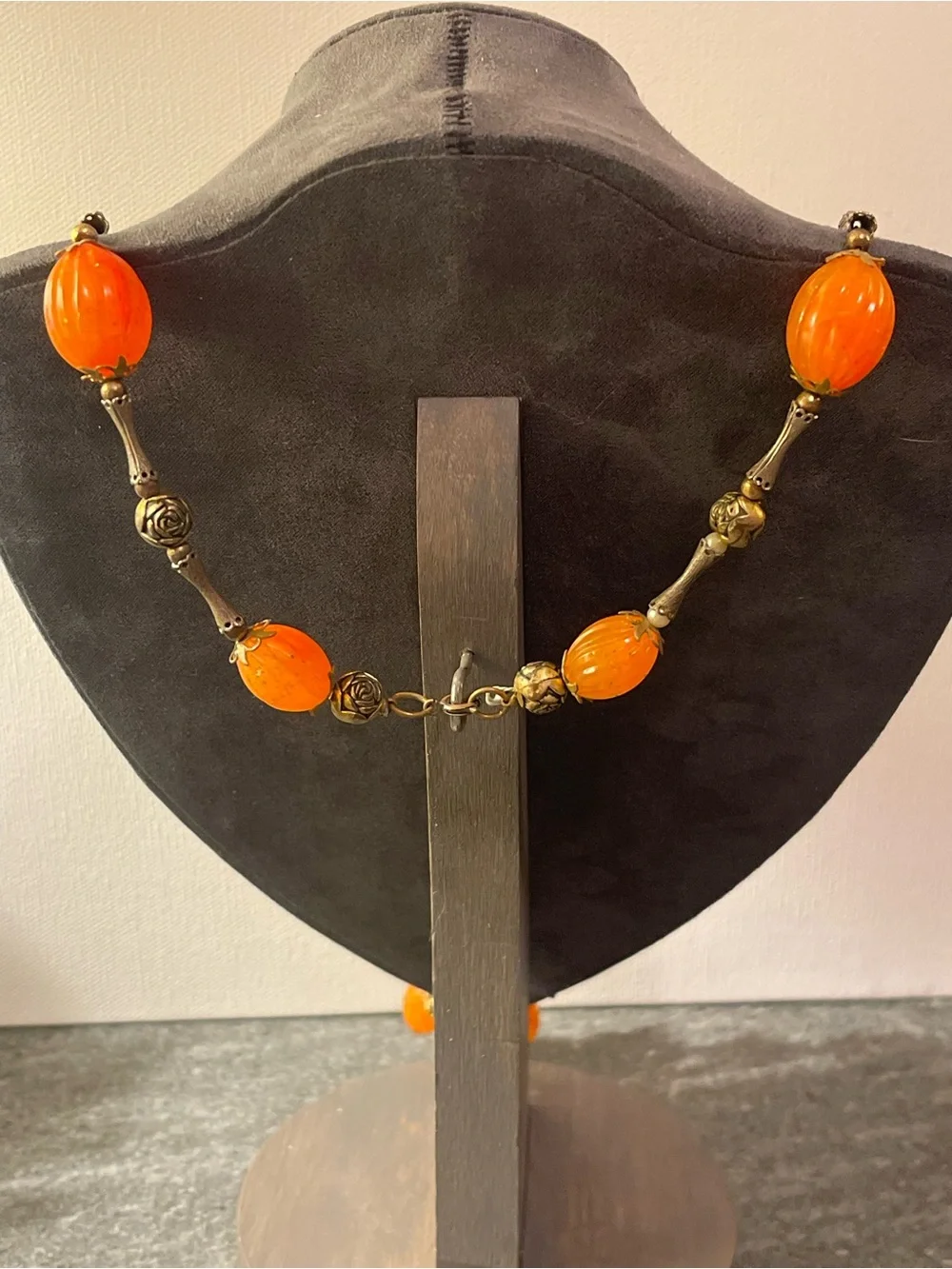 VTG‎ 1970s Orange Lucite & Brass Beaded Tassel Y Necklace Boho Statement Piece
